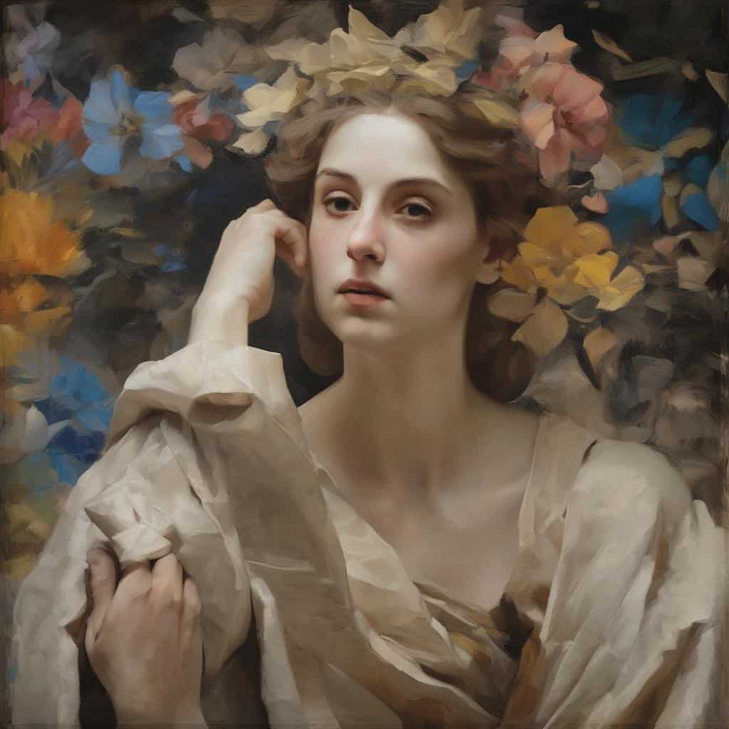 Ανθρώπινο πορτρέτο νεαρής γυναίκας με φθινοπωρινά φύλλα στον υπόβαθρο, ζωγραφικό στιλ.
