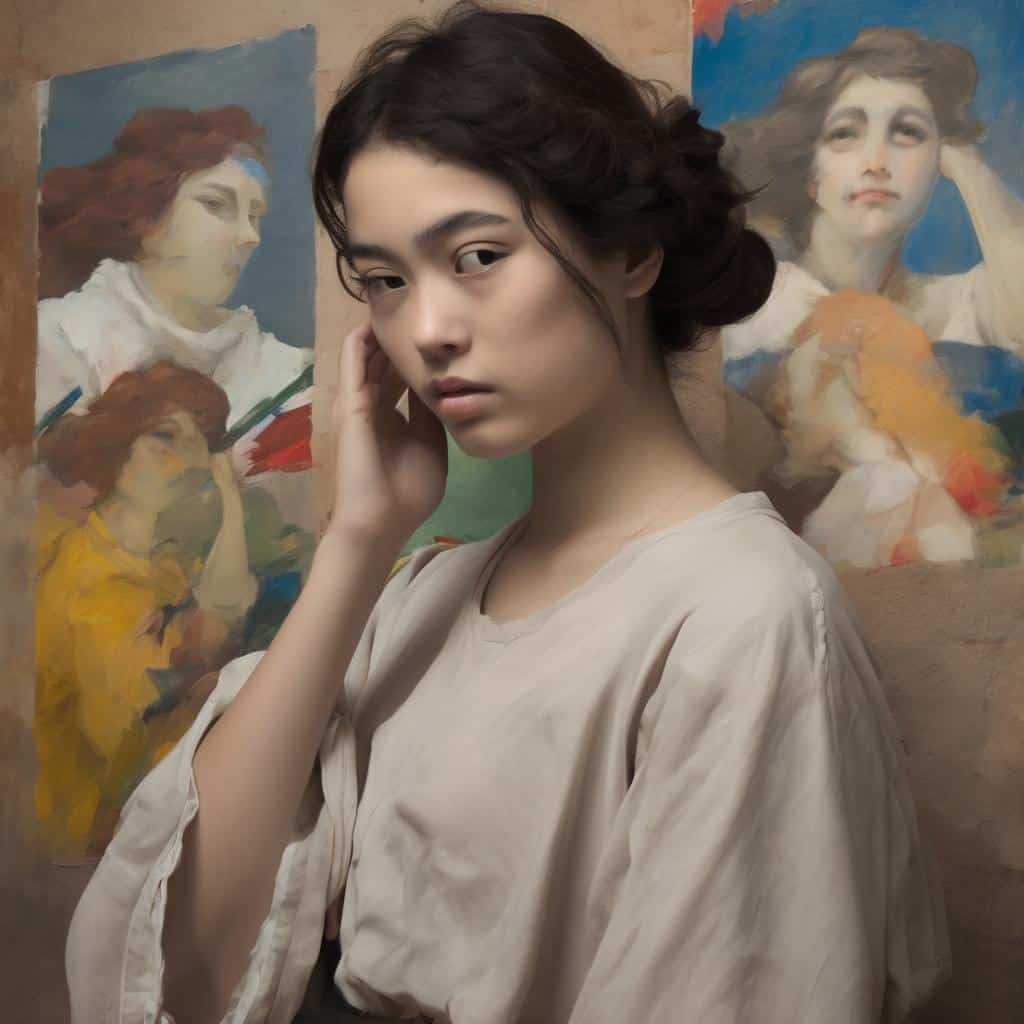 Ζωγραφική πορτρέτο νεαρής γυναίκας με πίνακες κλασικών καλλιτεχνών στο φόντο.
